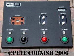 Pete Townshend's pedalboard, with T-rex Echo, Boss OD-1 and Demeter Comp-1 Compressor (click to see it bigger).